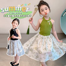 童裙2024夏季新款女童韩系潮流挂脖盘扣短裙套装中小儿童两件套
