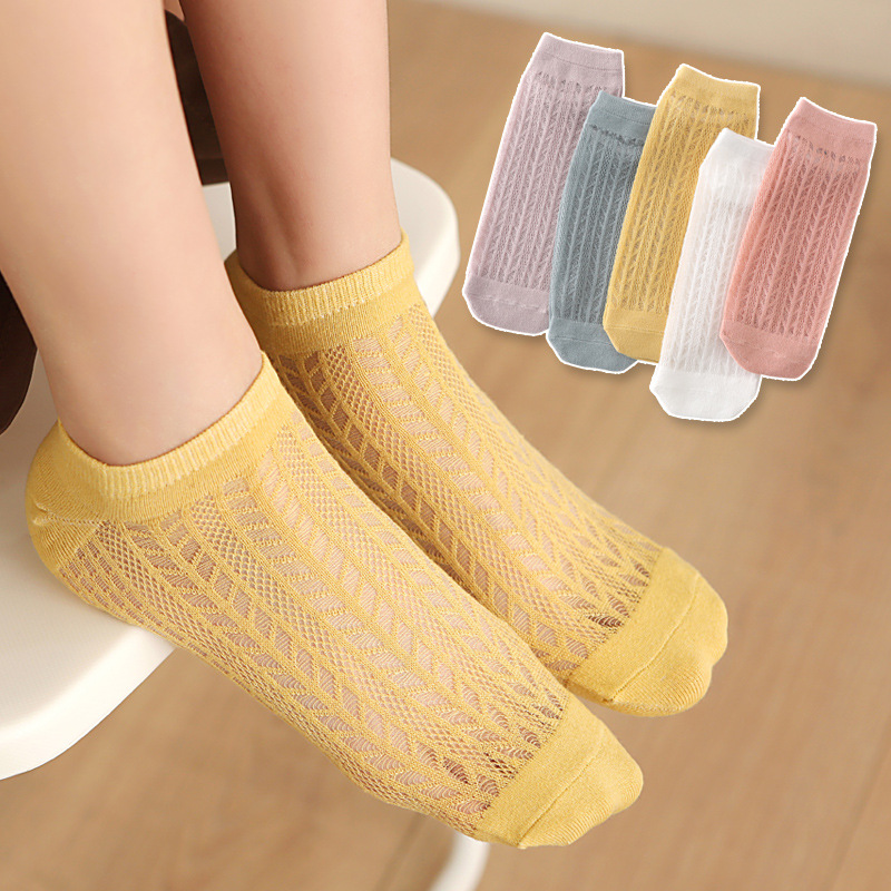 Five Pairs Women's Boat Socks Spring and Summer Mesh Women's Boat Socks Independent Tag Lace Breathable Sweet Bear Invisible Low Cut Stockings