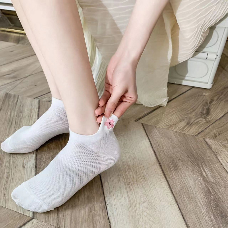 夏季新款网眼袜子女薄棉樱花刺绣提耳ins潮短袜女士低帮船袜-阿里巴巴