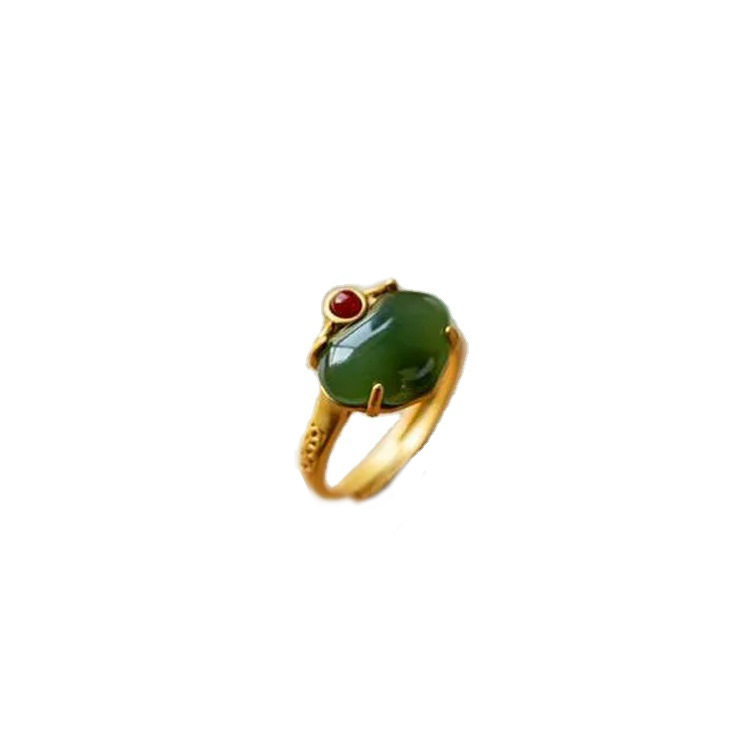 New Shunxin Ruyi Imitation Hetian Jade Ring Women's Gold-Plated Retro Ethnic Style Open Index Finger Ring National Fashion Jewelry