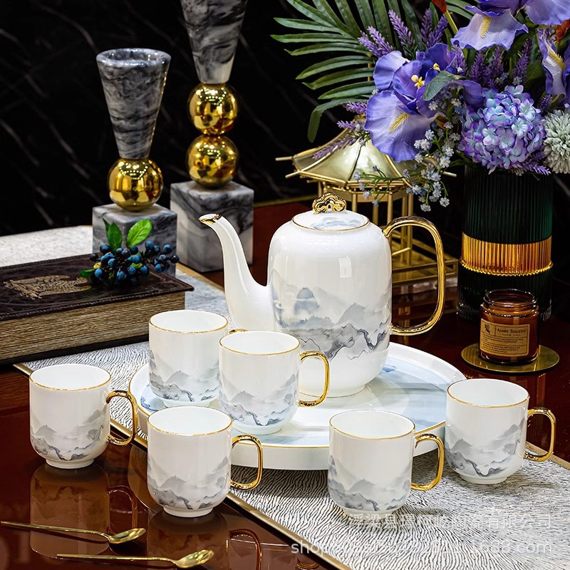 高档景德镇茶具套装轻奢高级感客厅家用乔迁新居陶瓷杯子水壶套装
