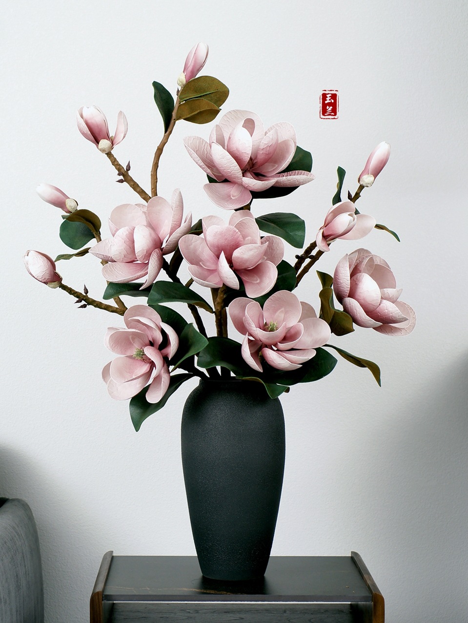 新中式大玉兰花仿真花束客厅玄关假花落地摆件插花装饰品花艺套装