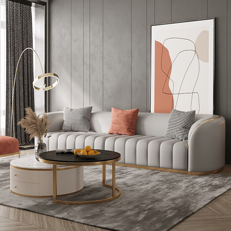 现代轻奢风沙发高端白色意大利头层牛皮直排一字型纳米科技布沙发