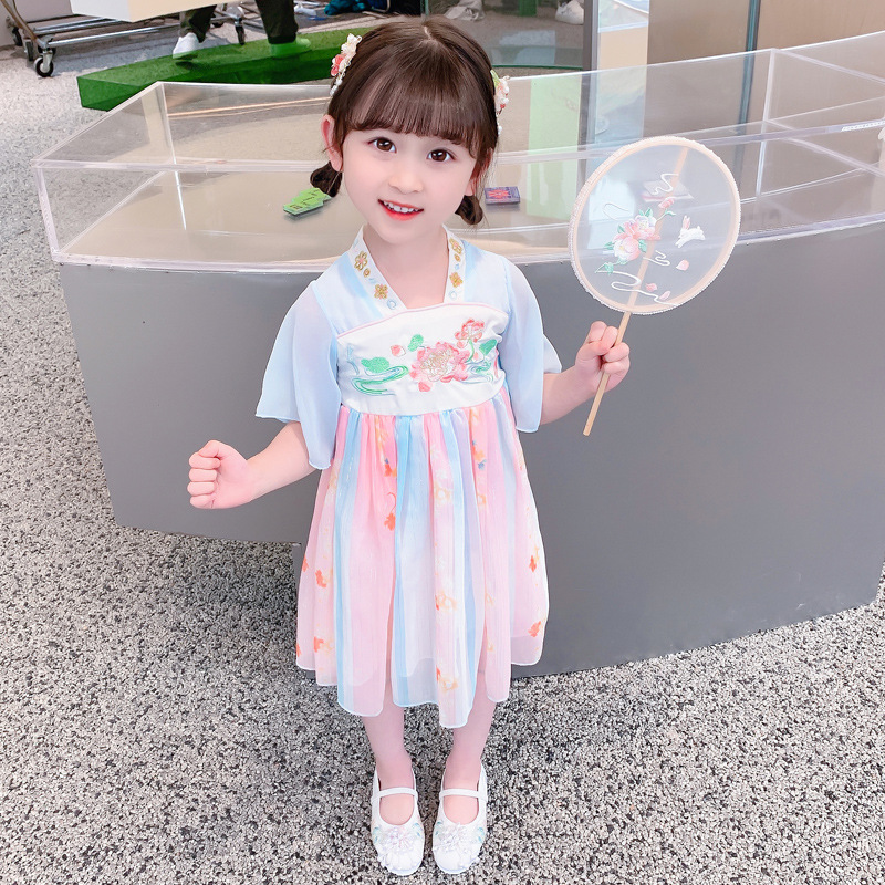 Girls' Lotus Hanfu 2023 Summer New Children's Clothing Children Ancient Chinese Clothing Dress Children's Bell Sleeve Fairy Dress