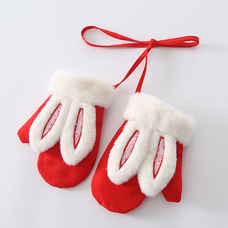 儿童手套冬季保暖女童可爱加绒加厚挂脖小兔子手指套宝宝卡通新年