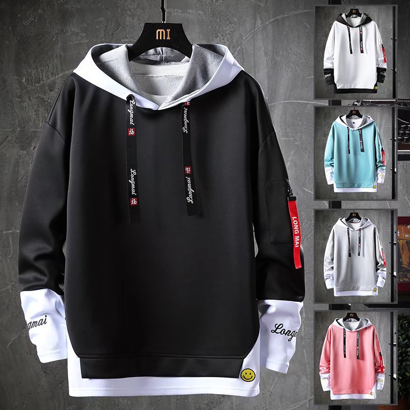 foreign trade false two-piece sweaters men‘s spring and autumn new korean style trendy hooded jacket youth loose top wear men