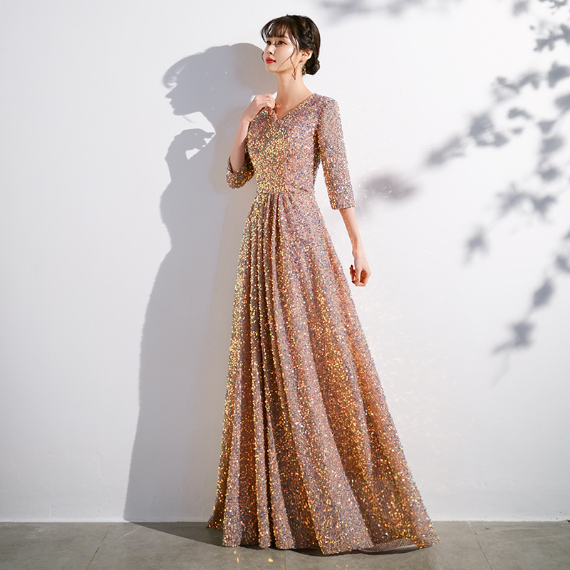 大合唱演出服女长裙成人钢琴演奏服香槟色演出服亮闪主持人晚礼服