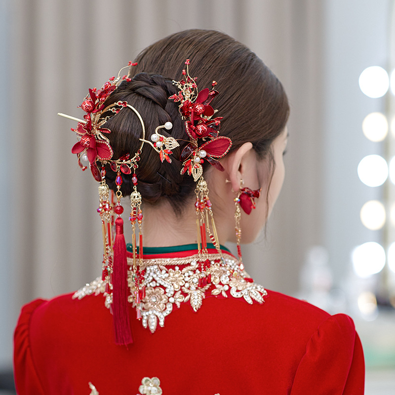 中式秀禾头饰复古大气红色喜庆绒花流苏结婚秀禾服敬酒服新娘头饰