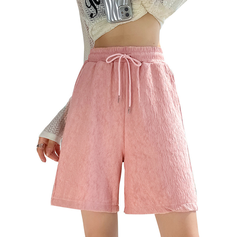 Pink Sports Shorts Women's Summer Thin Bark Wrinkle Loose Outer Wear Running Leisure Hot Pants High Waist Cropped Pants