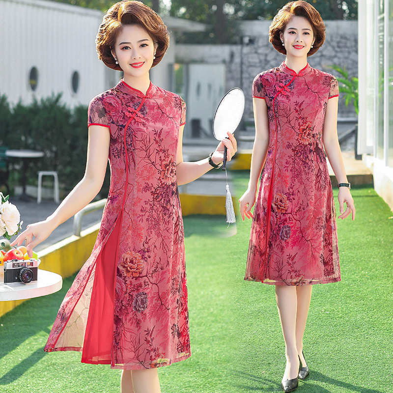 妈妈夏装婚礼雪纺连衣裙40-50岁中年妇女短袖大码洋气改良旗袍裙