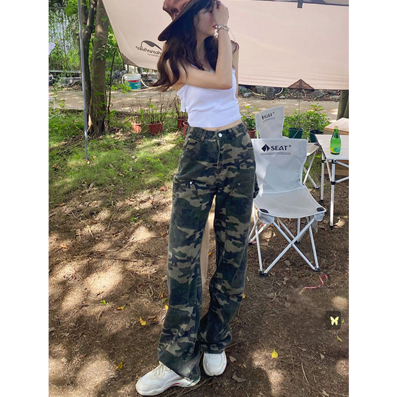 Hong Kong Style Workwear Army Green High Waist Loose and Slimming Wide Leg Jeans Women's Spring Hot Girl Camouflage Straight Long Pants