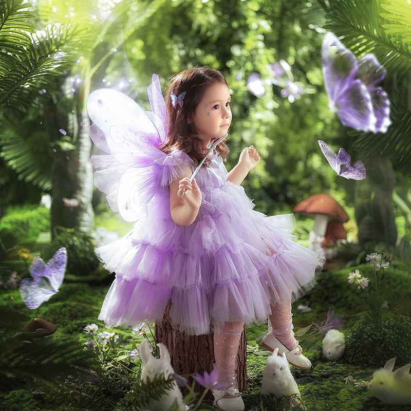 小精灵公主纱裙小女孩紫色唯美风外景拍摄童装蛋糕岁2022新款礼服