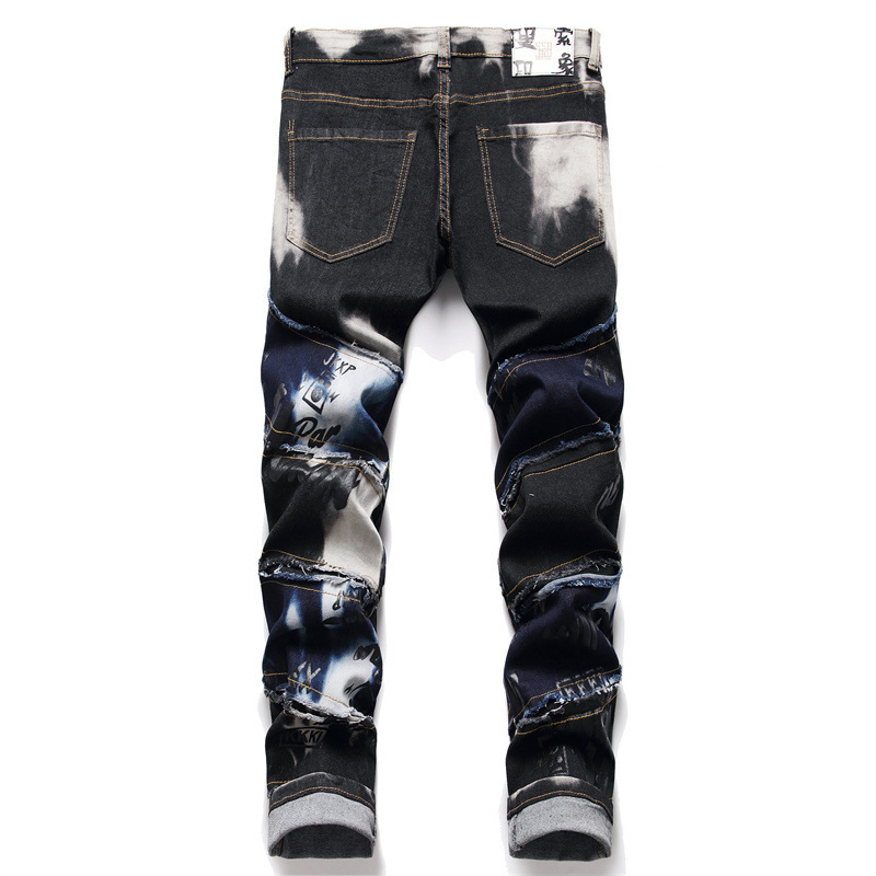   Autumn and Winter New European and American Style Trendy Men's Pants Men's Stitching Color Matching etters Printing and Dyeing Skinny Jeans 3143