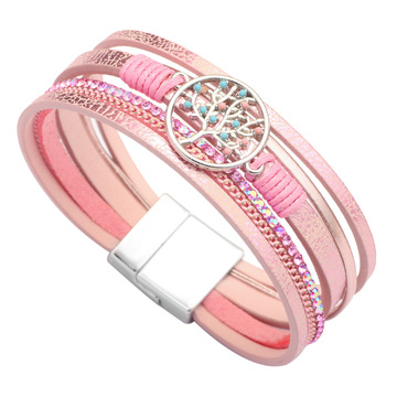 波西米亚幻彩热销手链水钻生命树个性百搭手饰品pu编织皮革手镯女