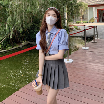 夏季新款减龄学院日系女孩浅蓝色jk领带衬衫短袖衬衣女时尚百搭潮