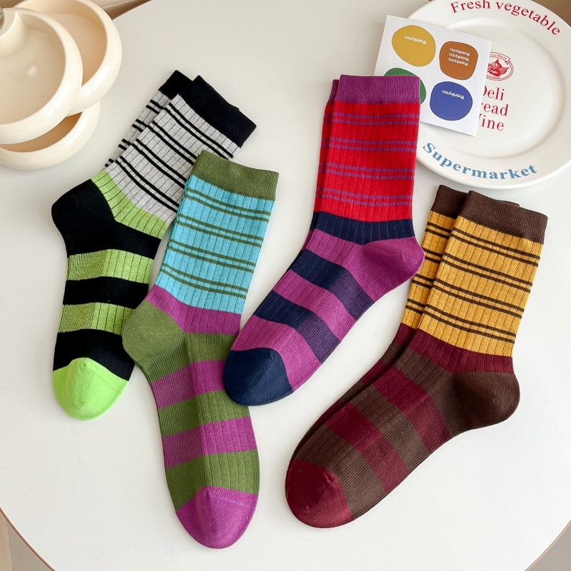 彩色线条撞色竖条纹袜子日系拼色设计款网红男女运动纯棉中筒袜子