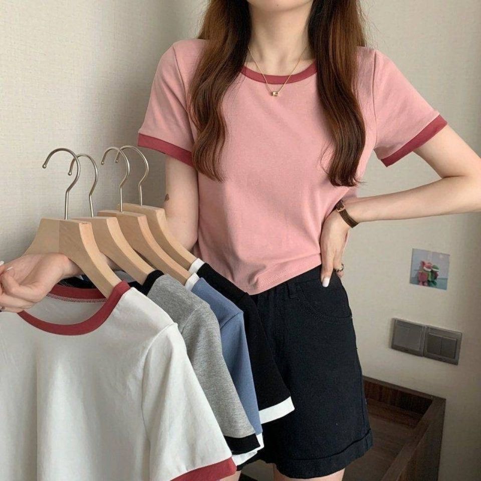 2023 Contrast Color round Neck Short-Sleeved T-shirt Women's Summer Bottoming Shirt Korean Style Slim-Fitting Short T-shirt Female Students Foreign Trade Wholesale