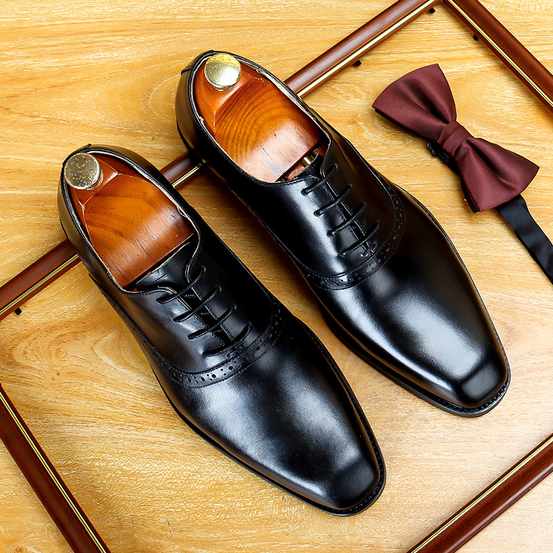 正装皮鞋男商务方头牛皮鞋雕花一件代发mens leather shoes
