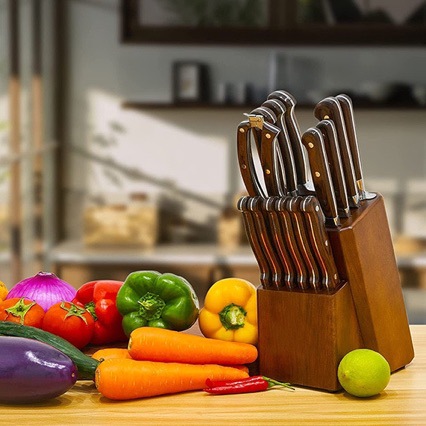 厨房刀具套装木座十五件厨师刀具生产厂家红彩木经典款钢头手柄刀