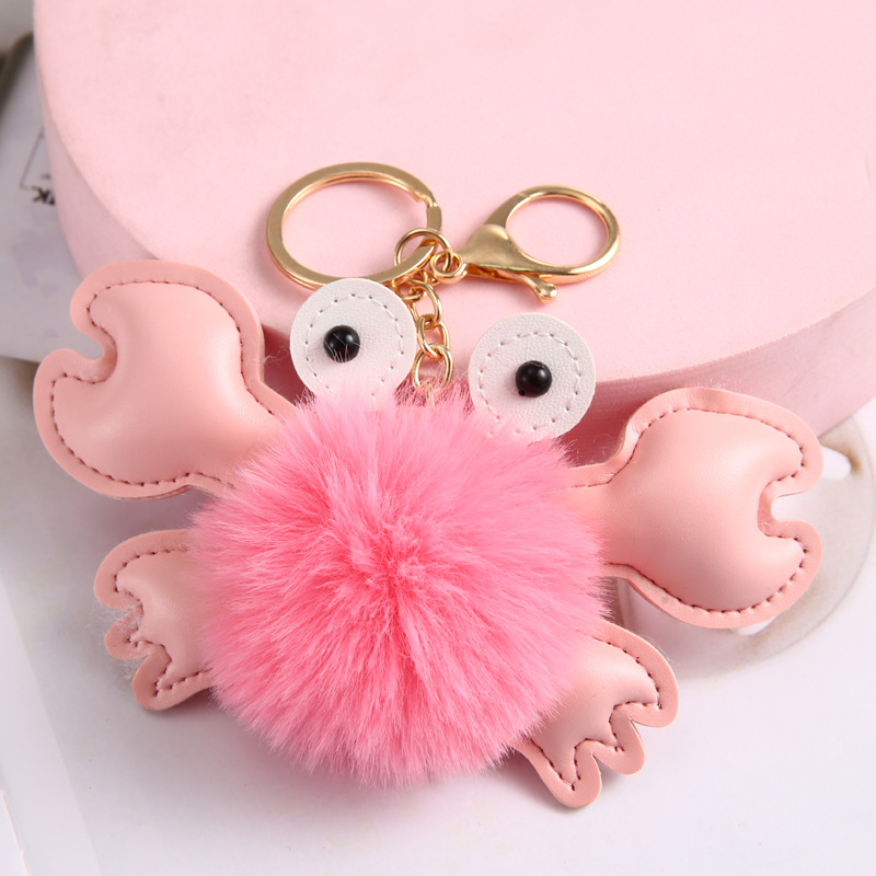 New Eco-friendly PU Leather Cartoon Crab Fur Ball Keychain Crab Shape Women's Bag Bag Charm Factory Direct Sales