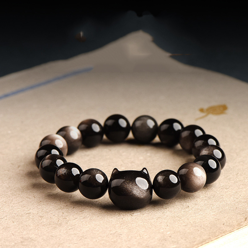 天然黑曜石手链男女款金曜石银曜石猫头情侣手串创意生日礼物闺蜜
