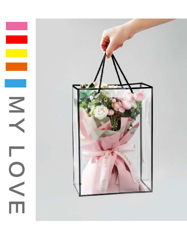 情人节新款英文边框透明鲜花手提袋花艺包装材料七夕防水pp花束袋