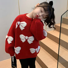 女童红色新年圣诞圆领毛衣冬装2023新款洋气女孩儿童针织衫上衣厚