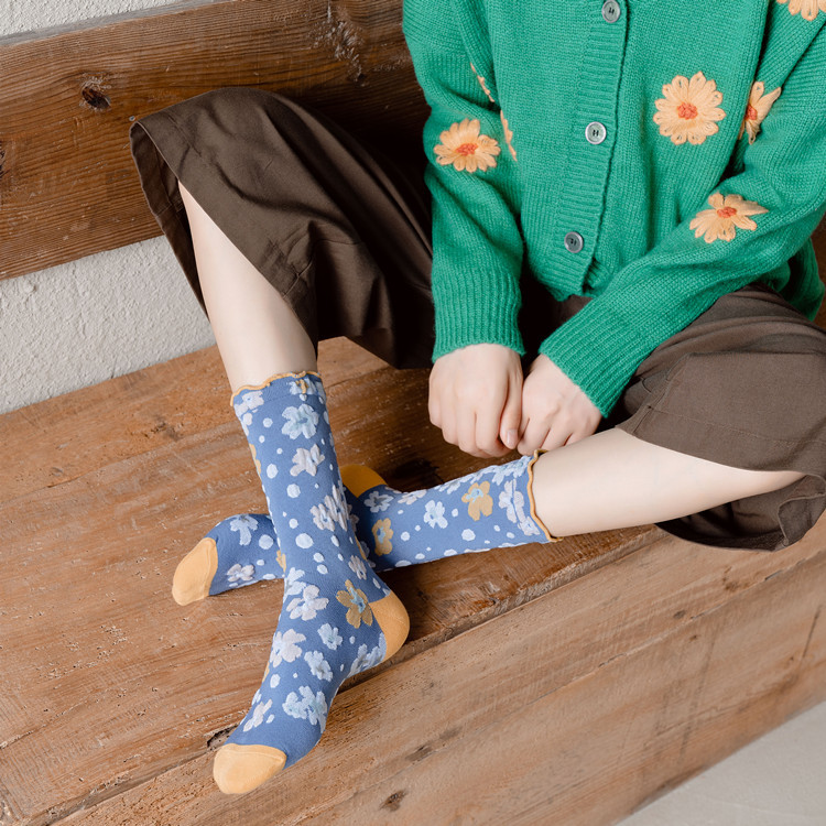 韩国甜美女袜女荷叶边中筒袜子秋冬立体碎花棉袜森系洛丽塔公主袜