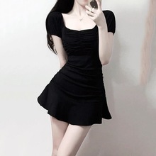 夏季新款黑色修身显瘦收腰公主小香风连衣裙赫本短裙领小众小黑裙