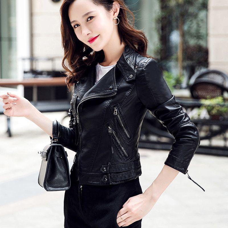 品质保证女士皮衣女短款长袖修身机车立领2022秋冬洋气皮夹克外套