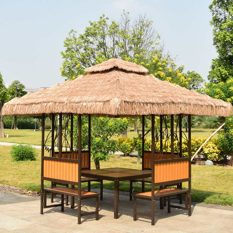 户外凉亭花鸟亭农家乐茶水亭露台茅草遮阳棚铁艺仿真毛草四角亭子