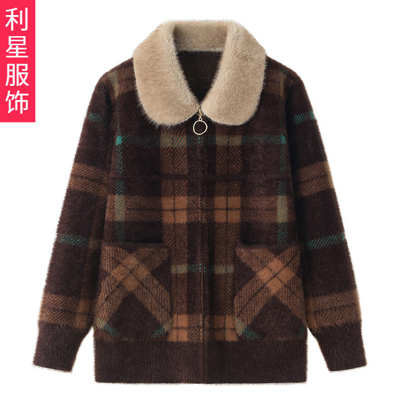 Mom New Imitated Mink Cashmere Fur Collar Zipper Coat Autumn and Winter Cardigan Plaid Spring Clothing for Middle-Aged and Elderly Women Woolen