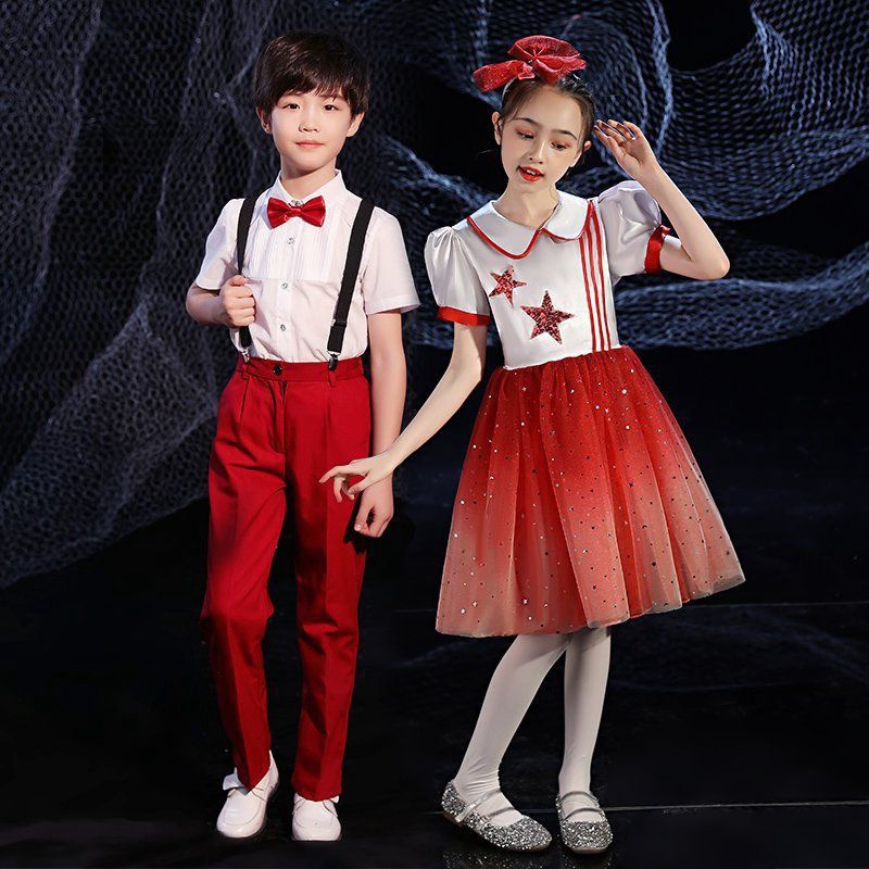 六一儿童合唱服中小学生大合唱团演出服女童朗诵表演服装背带裤男