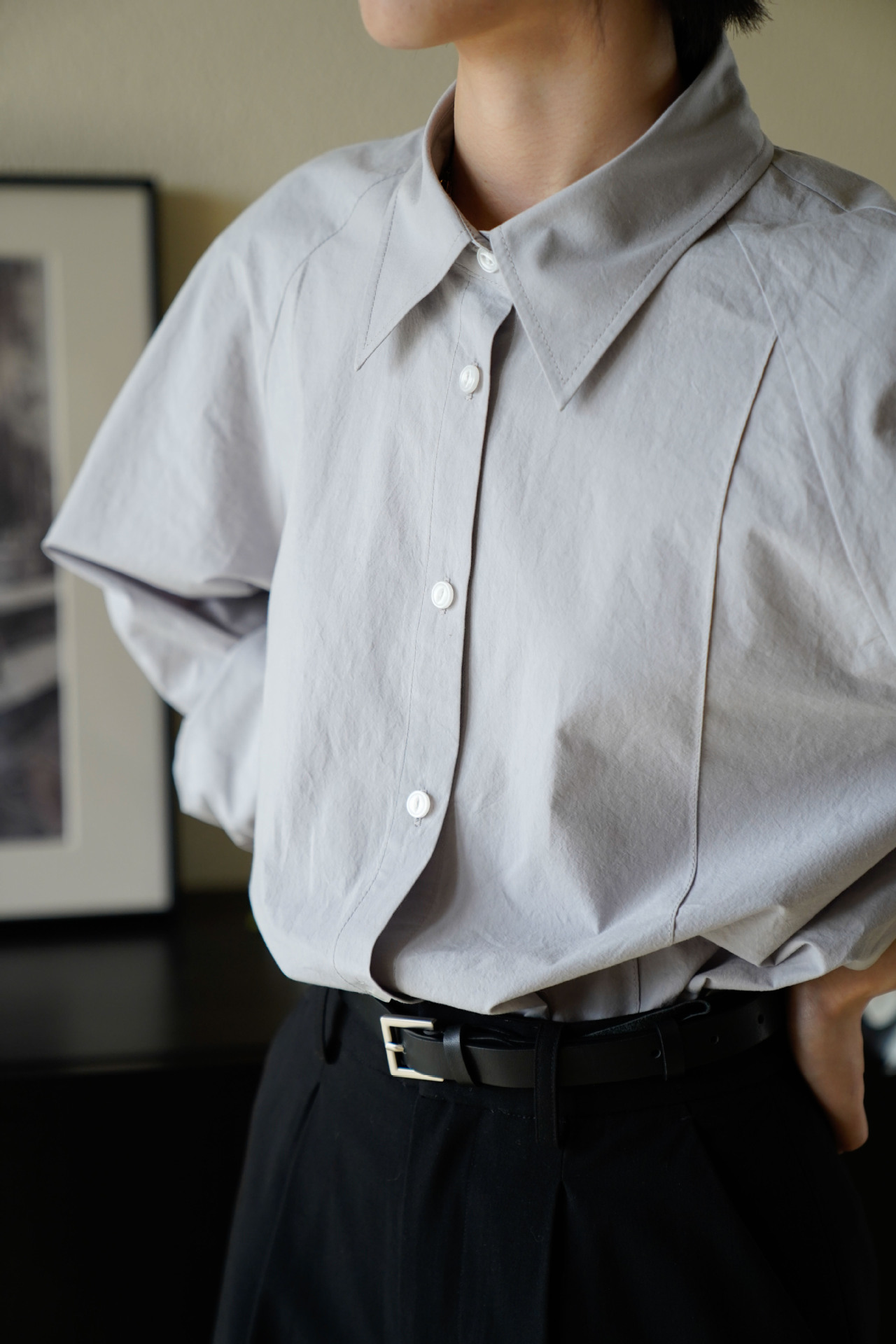 nvyis2022早春新 灰色雾感 落肩分割衬衫 棉质独特设计感女衬衣