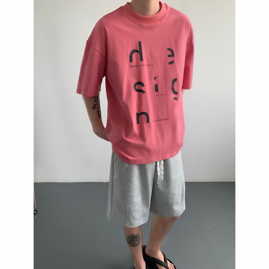 ins穿搭桃粉色设计感印花t恤夏季男女宽松落肩短袖韩版简约半袖