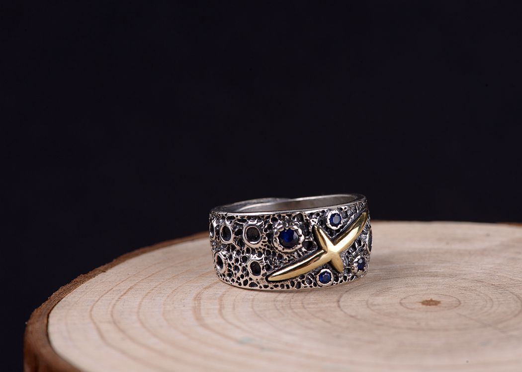 泰银天空十字星辉镶蓝锆开口戒指星空戒指星辰指环男陨石尾戒子