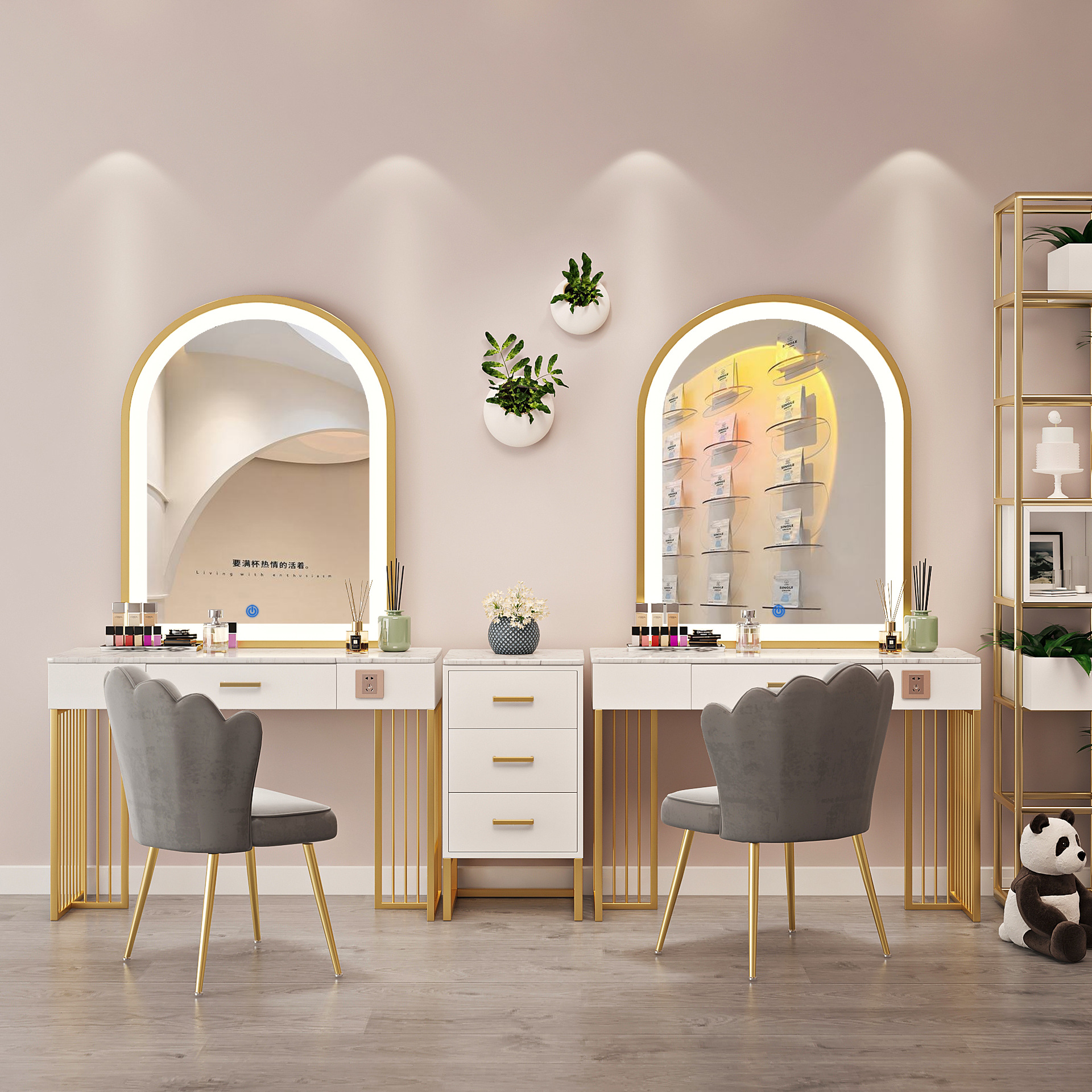 轻奢影楼化妆台带灯婚纱店美容院梳妆台化妆师专用大理石化妆桌