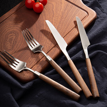 牛排刀叉木柄西餐餐具套装木质刀叉勺三件套牛扒专用胡桃木不锈钢