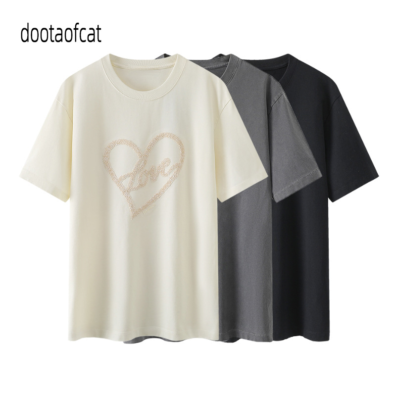 2024春季新款时尚复古爱心字母珠片秀短袖t恤美式衣服mbd1tee026