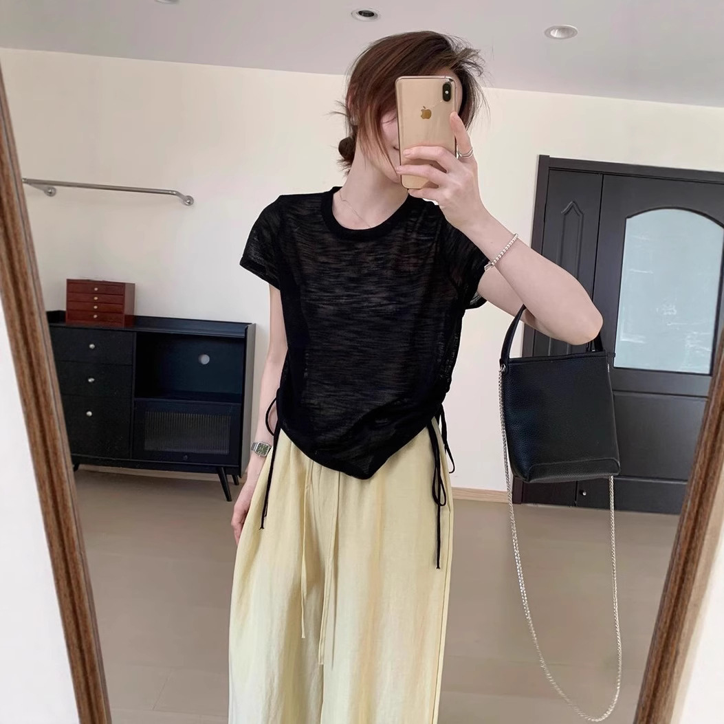 设计感侧边抽绳圆领基础短袖2025夏季韩版显瘦冰丝圆领上衣T恤薄