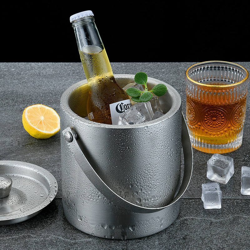 Amazon Simple 304 Stainless Steel Ice Bucket Champagne Bucket Outdoor Thermal Beer Barrel Double-Layer Straight Bar Supplies