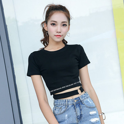 欧美露脐短款t恤短袖紧身印花字母女上衣夏季高腰漏肚脐超短装潮