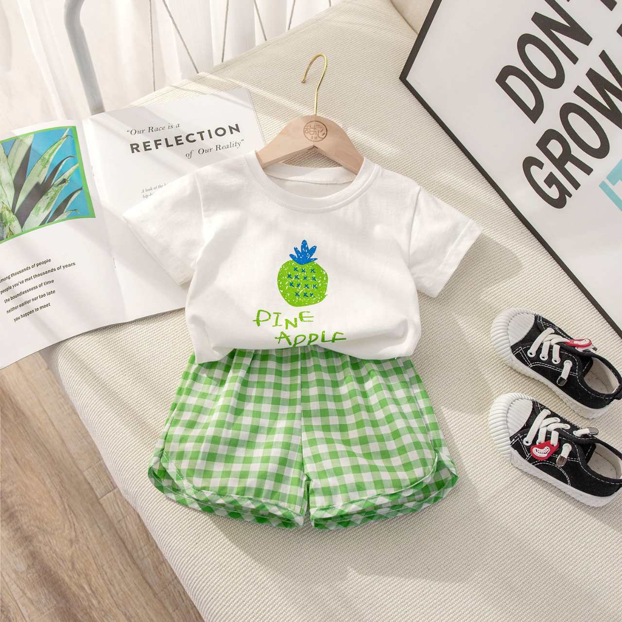 2023 New Korean Style Fruit Plaid Two-Piece Children's Suit Summer Boys and Girls Baby Short Sleeve Shorts Baby Clothes