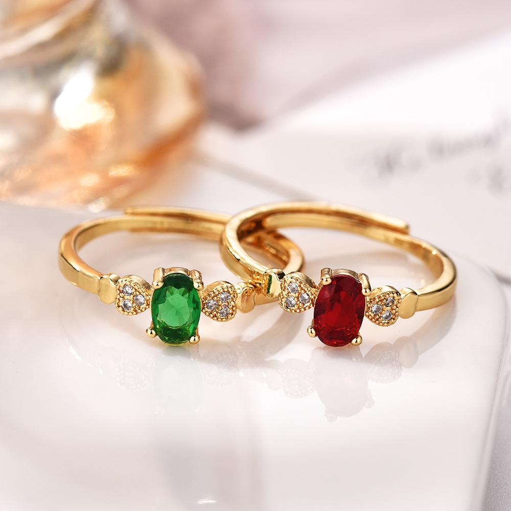 新款双心一意红绿透辉石戒指女款18k金色简约小众时尚百搭指环女