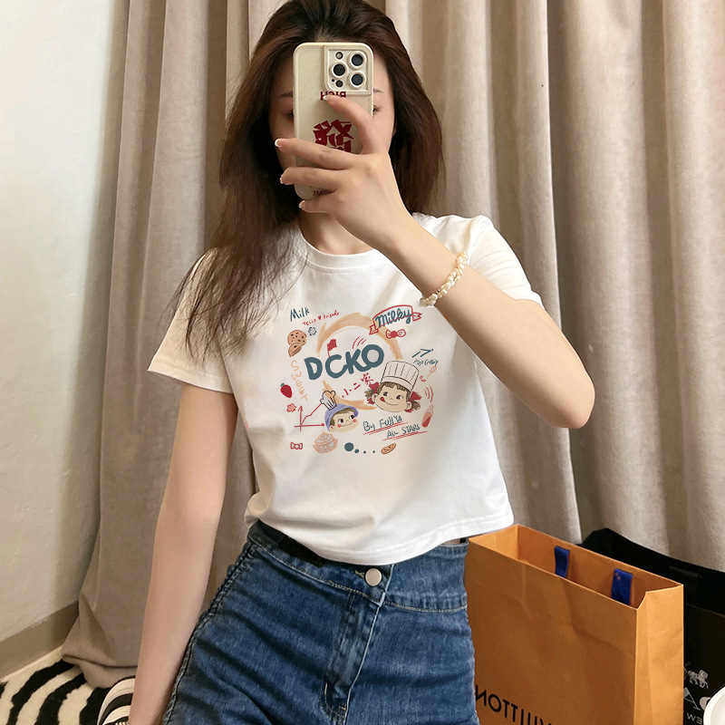 2024 Summer Pure Cotton New Cream Short T-shirt Women's Short Sleeve Shoulder Width Loose Cartoon Texture Half Sleeve T-shirt