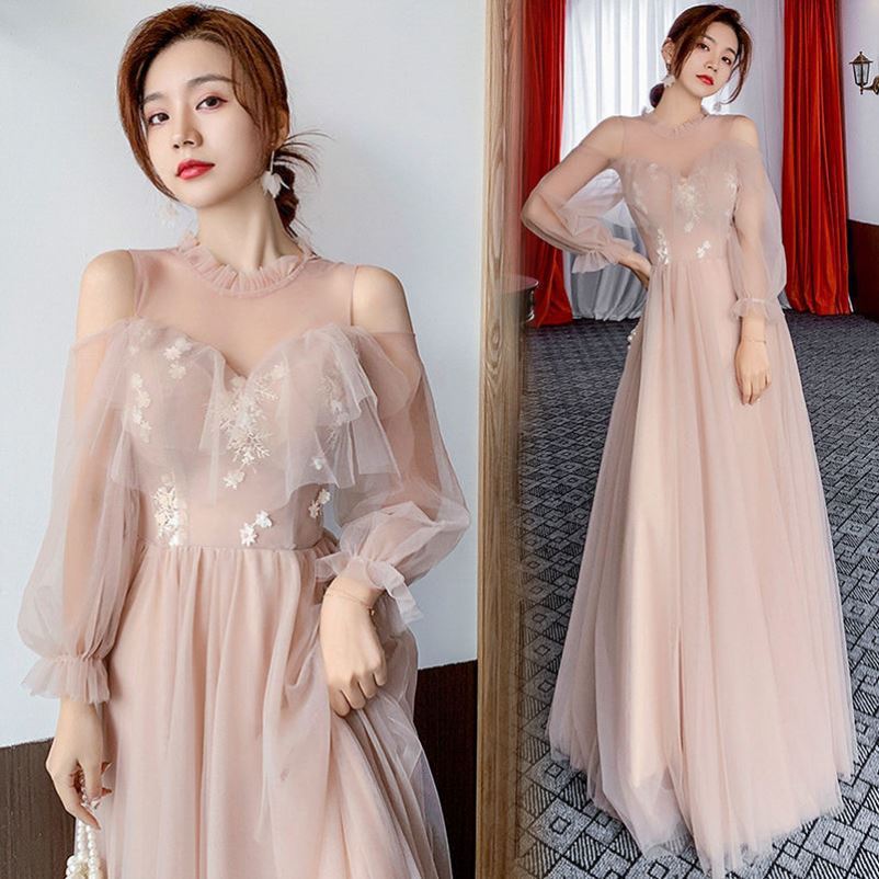 森系婚礼伴娘服秋冬显瘦长裙主持人礼服女仙气学生2021新款伴娘裙