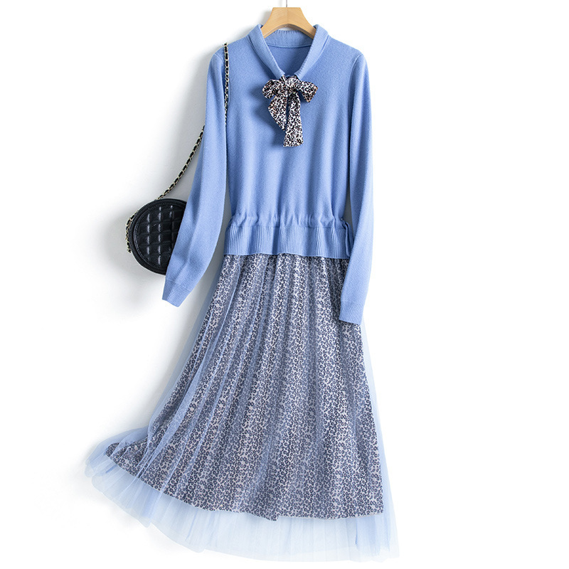 针织线衣配蕾丝长款连衣裙2024秋季时尚新款收腰拼接网纱裙子6910