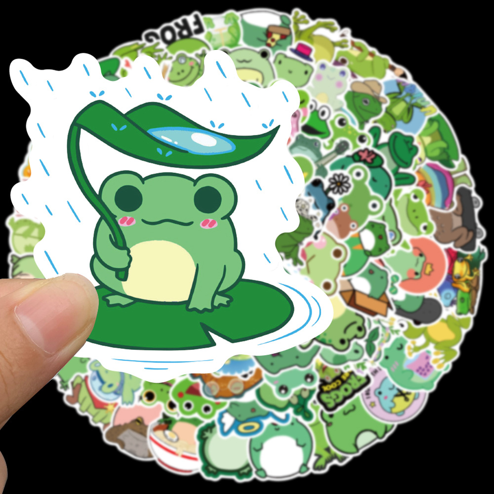 100张跨境卡通可爱青蛙涂鸦手帐贴纸汽车行李箱装饰防水手账贴画