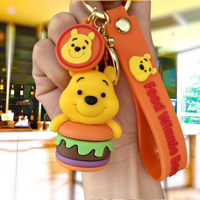 New Pooh Bear Keychain Cute Bear Donut French Fries Women's Bag Pendant Car Key Chain Small Gift