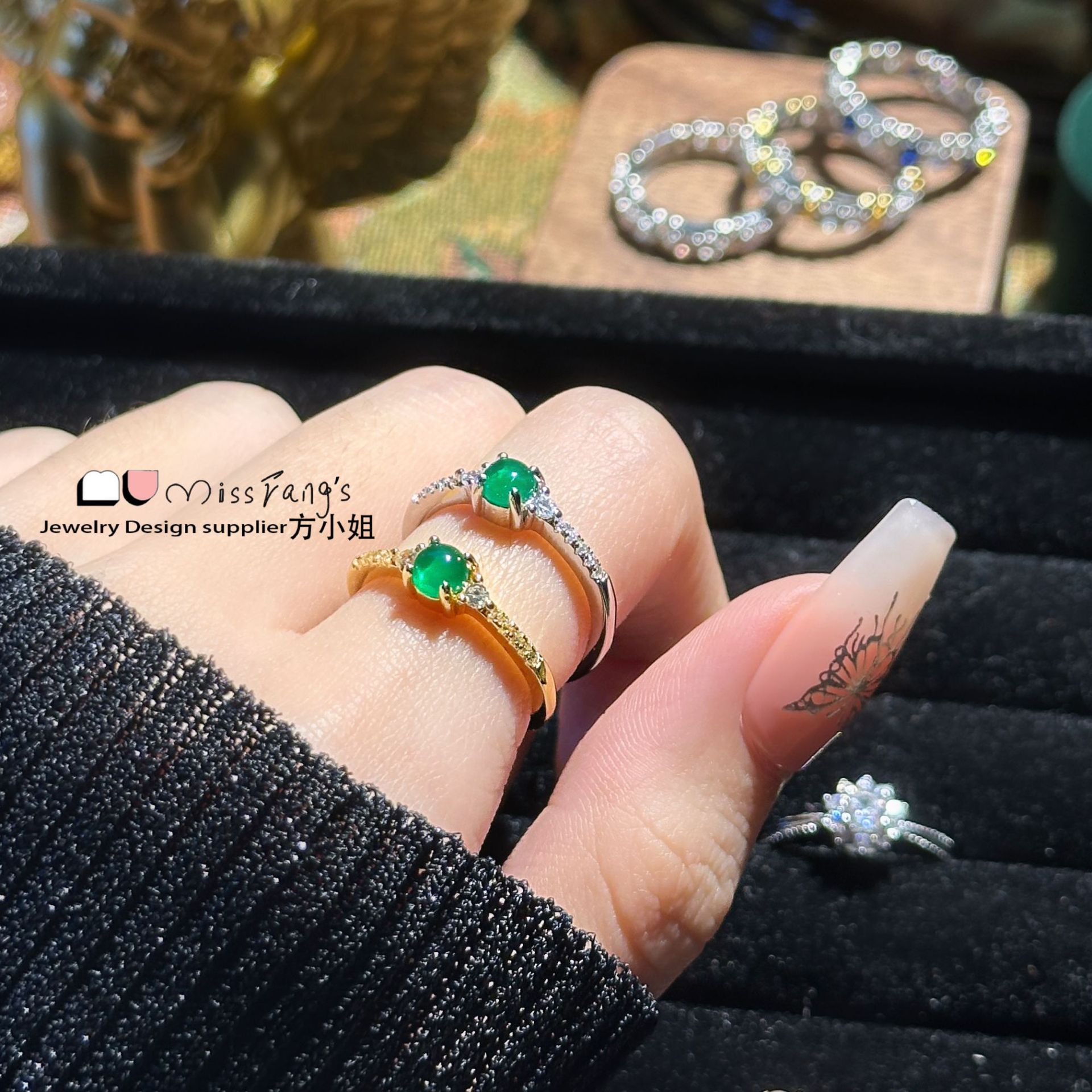 ms fang 新款仿冰种玉髓蛋面戒指 气质小巧镀金微镶玉髓活口指环